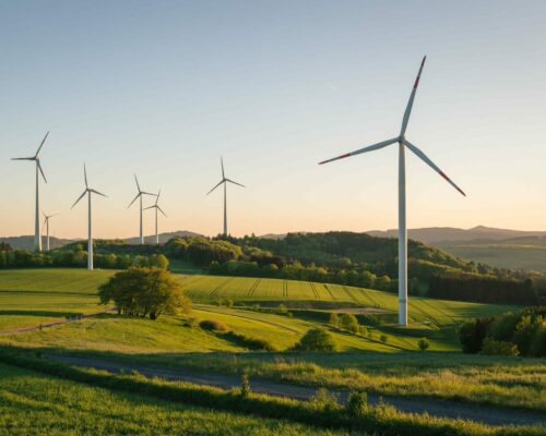 A scenic landscape with several wind turbines scattered across green rolling hills under a clear sky at sunset. The turbines are standing tall, and the fields are lush and vibrant, with a path winding through the grassy terrain. Hills and mountains are visible in the distance