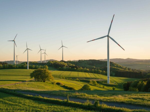 A scenic landscape with several wind turbines scattered across green rolling hills under a clear sky at sunset. The turbines are standing tall, and the fields are lush and vibrant, with a path winding through the grassy terrain. Hills and mountains are visible in the distance