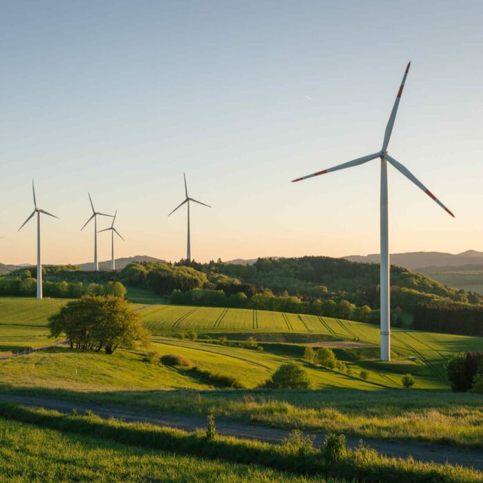 A scenic landscape with several wind turbines scattered across green rolling hills under a clear sky at sunset. The turbines are standing tall, and the fields are lush and vibrant, with a path winding through the grassy terrain. Hills and mountains are visible in the distance